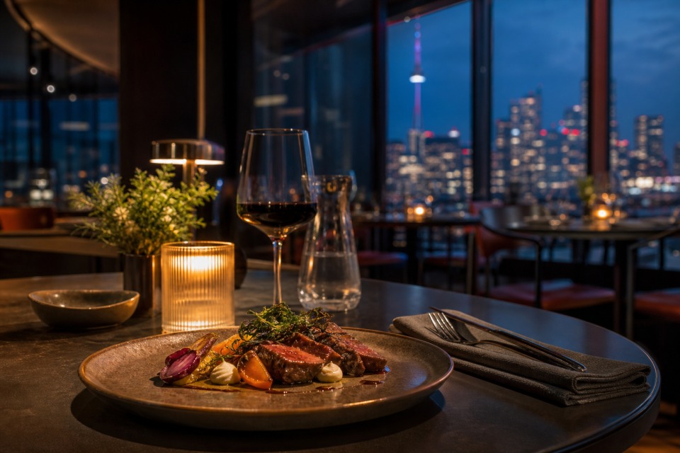 Salão sofisticado de restaurante contemporâneo em Toronto com mesa posta, pratos de alta gastronomia e vista urbana ao fundo