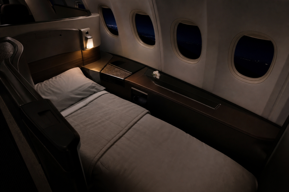 Cabine premium de avião com suíte privativa e poltrona executiva durante voo noturno
