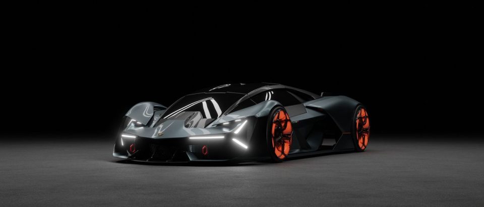Renderização digital de um carro esportivo futurista em um estúdio escuro.